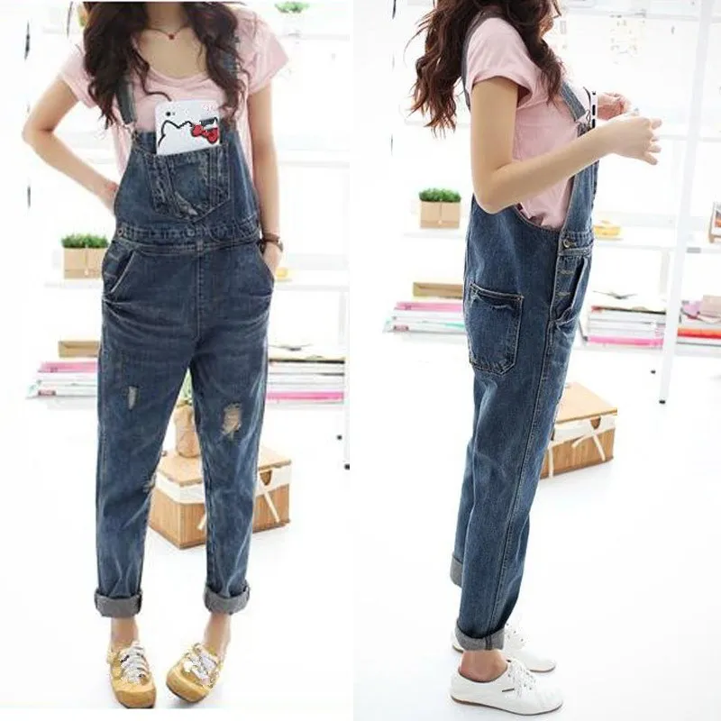 2018 Autumn Women Denim Jumpsuit Casual Jeans Rompers Female Loose Hole Denim Overall Playsuit With Pocket