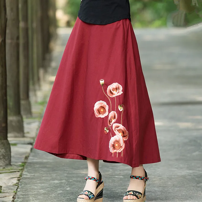 Chinese Style Cotton Linen Long Skirts Womens Elastic Waist Embroidery ...