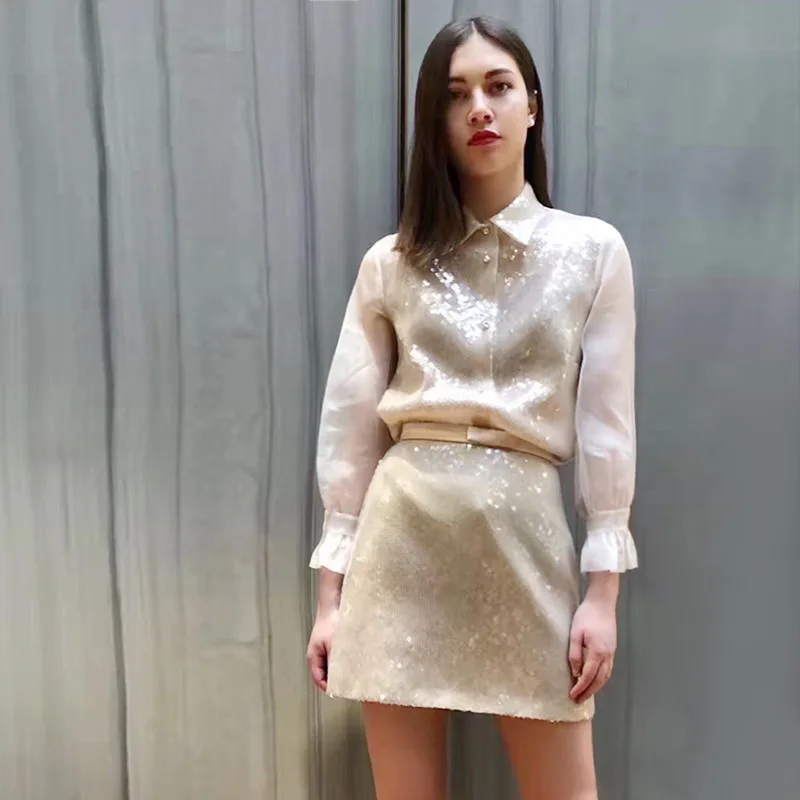 

Summer New 2019 Runway Designer Lady Ladies Champagne Sequins Court Wind Bow Ruffled Cuff Jacket Shirt 3 Sets Party Clothes