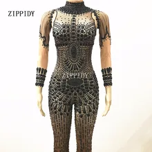 Сексуальный блестящий черный комбинезон большие камни представление Bling боди с имитацией обнаженного тела Одежда для сцены ночной клуб блестящий костюм Одежда для танцев