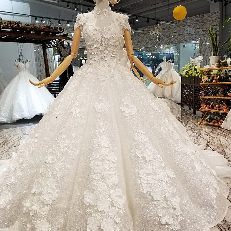 Aliexpress.com : Buy LS850321 shiny ball gown wedding dress petal flowers high neck short