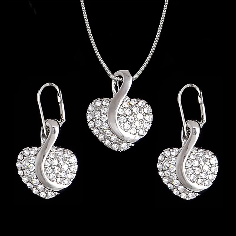 

Set of Jewelry 2 pcs/set Necklace Earrings Set Rhinestone Crystal Silver Tone Heart Design Jewelry Sets For Women Top Quality