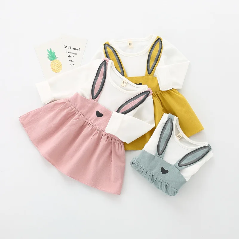 2019 г. vestido infantil, платье для малышей на весну, новинка, чистый цвет, платье с длинными рукавами и заячьими ушками для маленьких девочек, платье