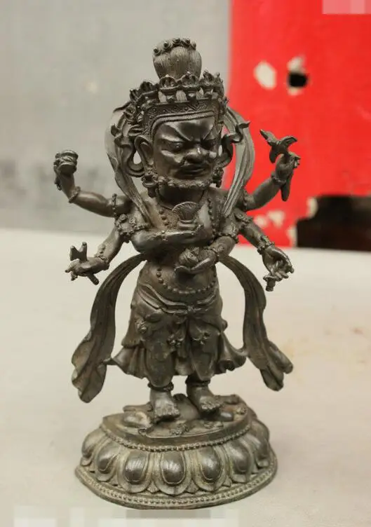 

S03186 9 Folk Tibet Pure Bronze 6 Arms Mahakala Wrathful Deity Vairochana Buddha Statue (B0328)
