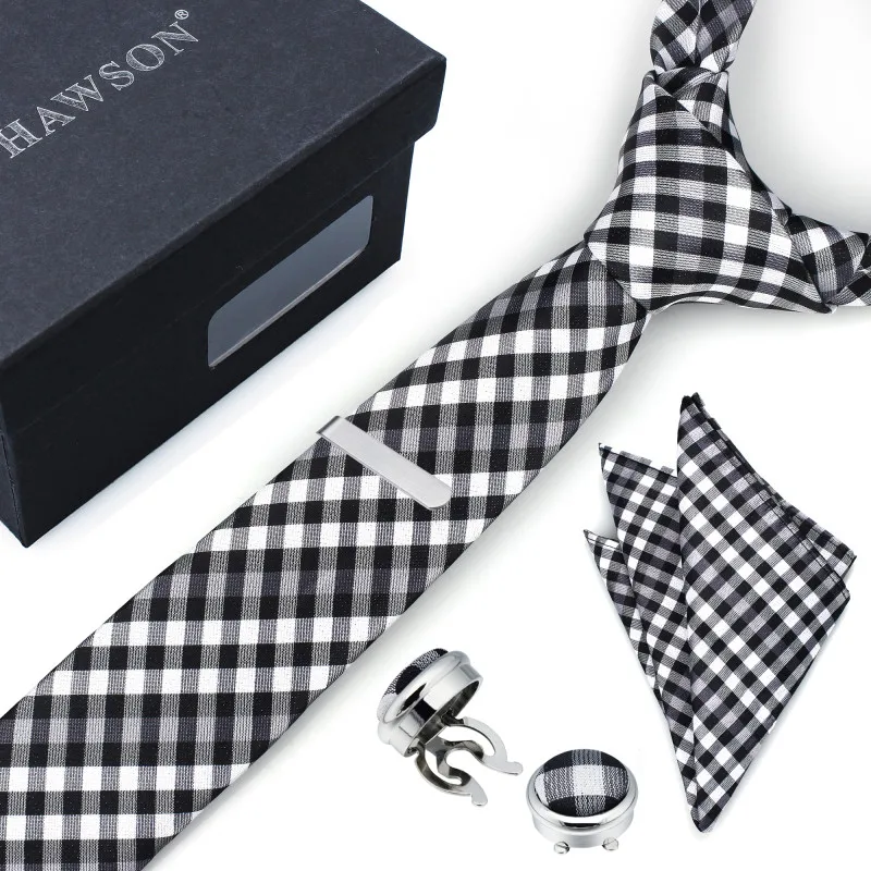 

HAWSON Colorful Plaid Men Neck Tie Set with Tie Clip Pocket Square & Button Cover Cuff Link in Gift Box Mens Accessory Mens Gift