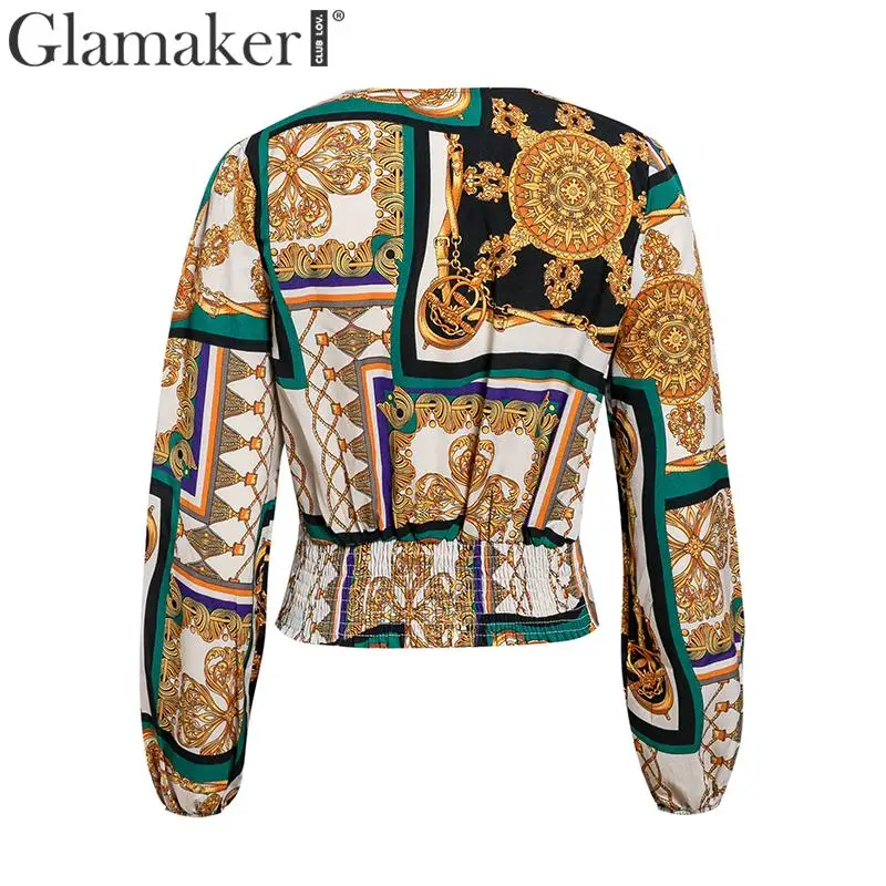 Glamaker Женские топы и блузки с цепным принтом и v-образным вырезом рубашка Топ Женская рабочая одежда элегантная шифоновая рубашка с длинным рукавом женская блузка