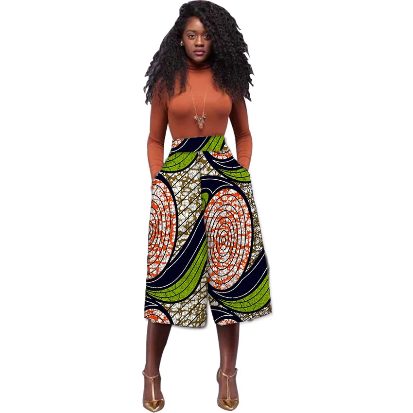Women African Print Wide Leg Pants Fashion Dashiki Design Cropped Pant