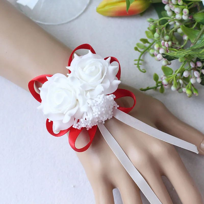 White Pink Red Wedding Rose Wrist Flowers Hand Corsage Boutonniere Pins (42)