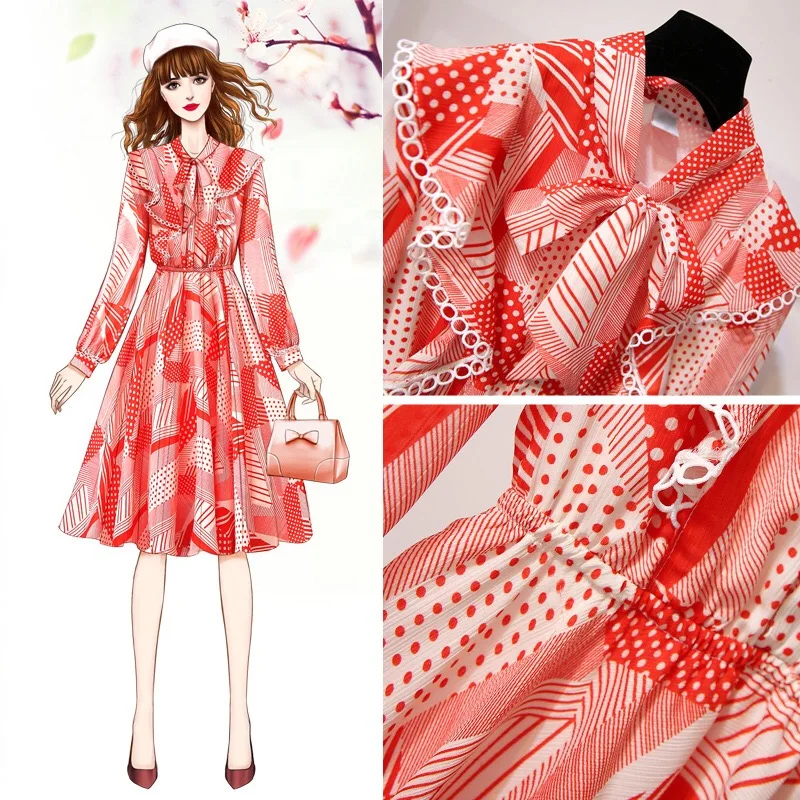 

2019 Spring New Red Chiffon Dress Spring Ruffle Pleated Long Dress Elastic Waist Vintage Femme Vestidos