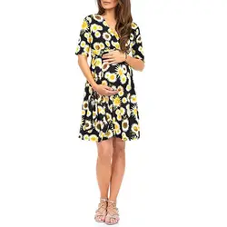 Женская летняя одежда для беременных с коротким рукавом, цветочным принтом, платье для беременных с v-образным вырезом и подсолнухом