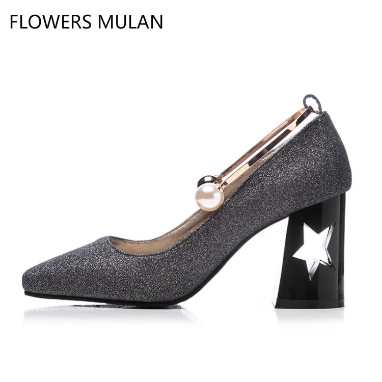 

New Design Bling Squined Leather Upper Nude Shoes Woman Pointed Square Toe Fretwork Star Strange Heel Elegant Lady Pumps Pearl