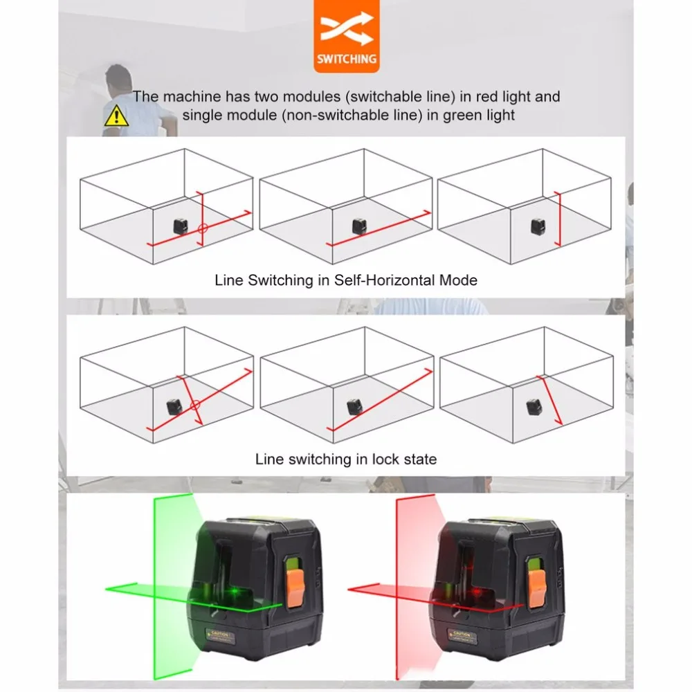 Портативный Лазерные уровни зеленый красный лазерный луч, 2 линии выравнивающий инструмент Self-лазер для выравнивания уравнитель с