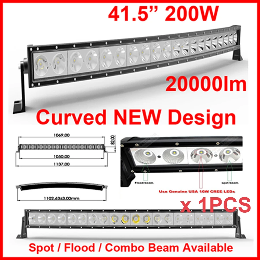 

EMS 41.5" 200W Curved CRE 20LED*(10W) Work Light Bar OffRoad SUV ATV 4WD 4x4 Spot / Flood /Combo Beam 20000lm IP67 9-32V 1 Row