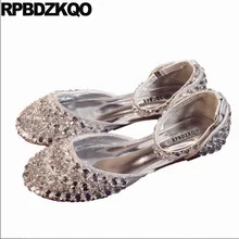 Свадьба Женская платье обувь Круглый носок Серебряный кристалл сандалии Bling Bling сверкающий бриллиант Ремень для лодыжки горный хрусталь дам плоские отправка капель европейская Мода красивая весенняя осень Золушка