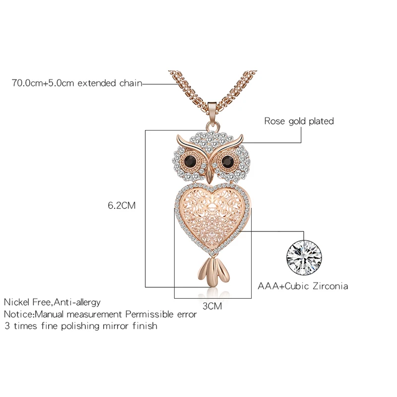 Прозрачное Кристальное ожерелье с подвеской в виде совы, подвеска в форме сердца совы, женское длинное ожерелье с несколькими цепочками, ювелирные изделия, вечерние украшения, подарок