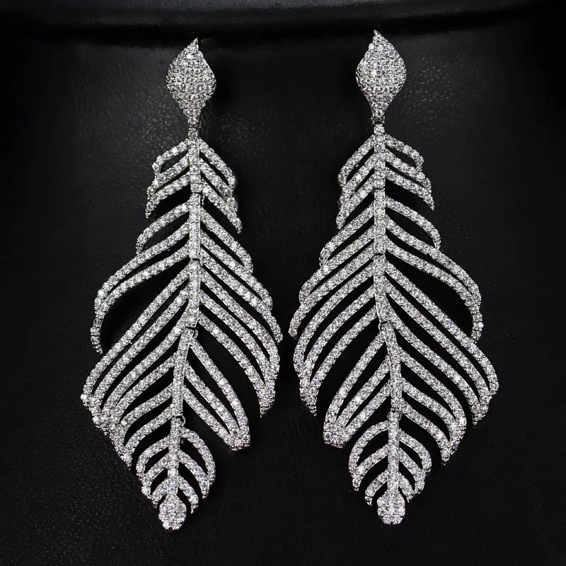 

Fashion Copper Earring Feather Earrings With Zircon Silver Color Micro Anti Allergy Leaf Earrings Women