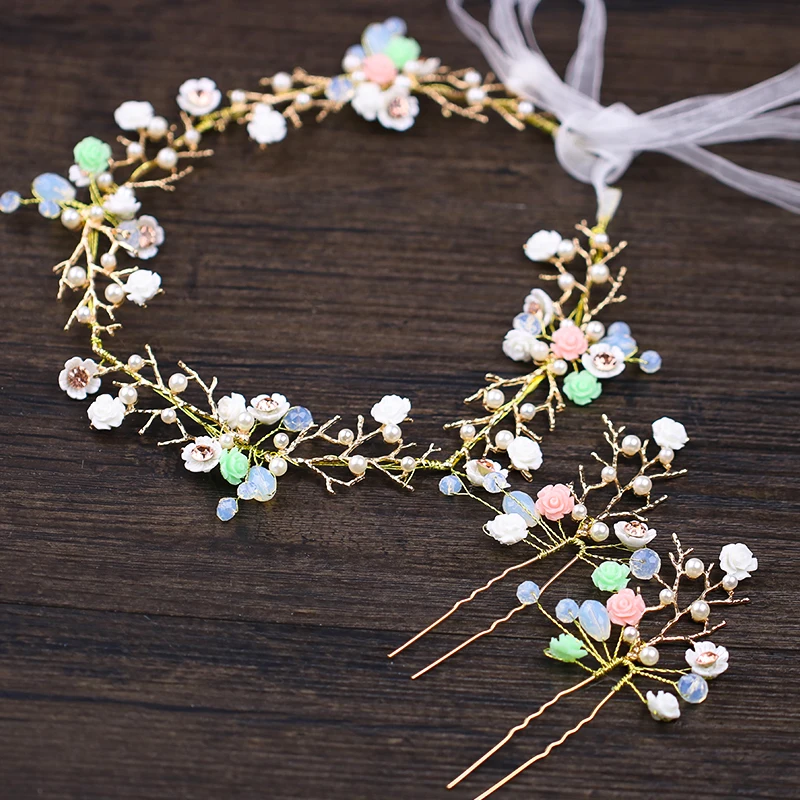 

Bridal Colorful Floral Simulated-pearl Wedding Dress Ornament with Colorful Hair and Headband
