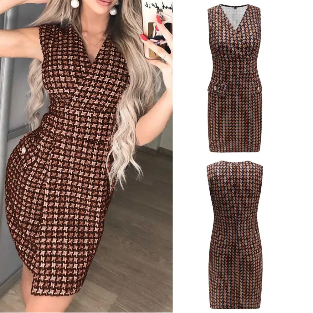 

JAYCOSIN Women Casual Sexy Fashion Bodycon Sleeveless Pencil V-Neck Button Off The Shoulder Houndstooth Dress Mar27 P30
