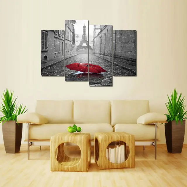 4 piece paris city black and white scenery red umbrella oil painting