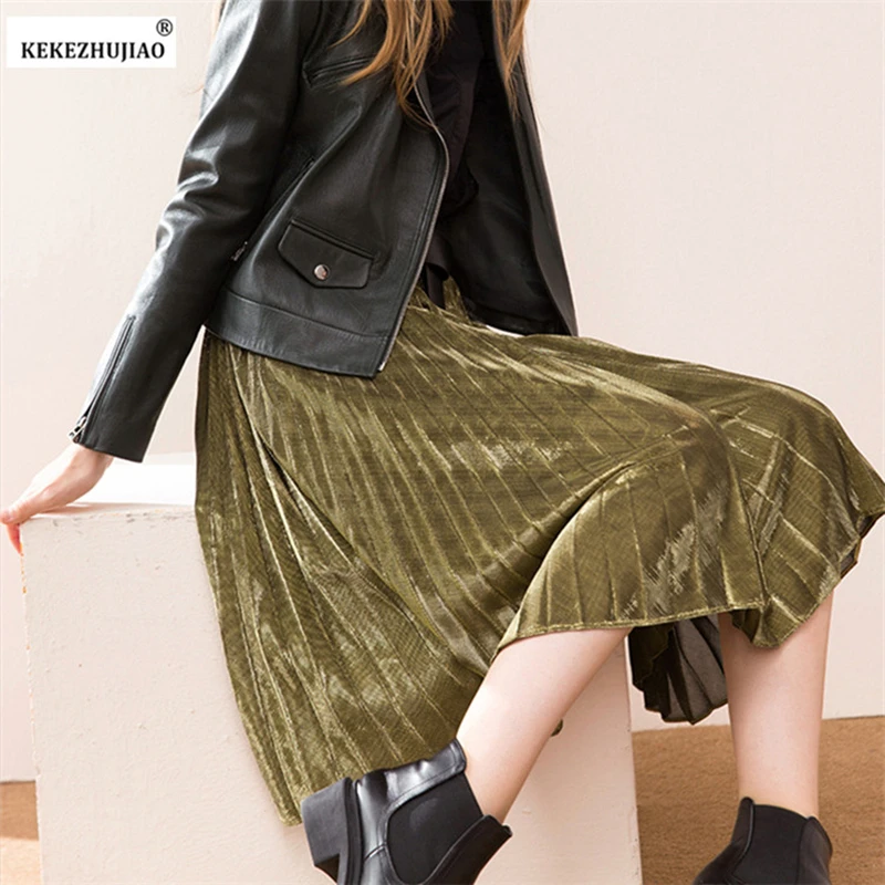 

KEKEZHUJIAO fashion Metallic Sliver Pleated Skirt High Waist Midi Skirt Elastic Waist Party Club Ladies Fenimias Autumn Winter
