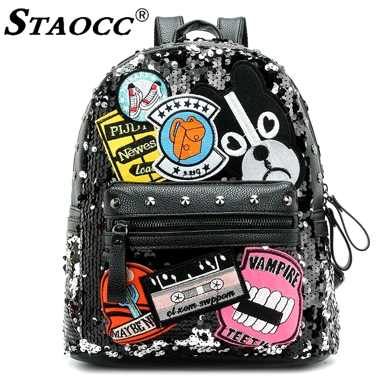 

Women Cute Cartoon Dog Backpask Sequins Rivet Backpack Leather School Bag For Teenage Girls Female small Travel Bagpack Mochila