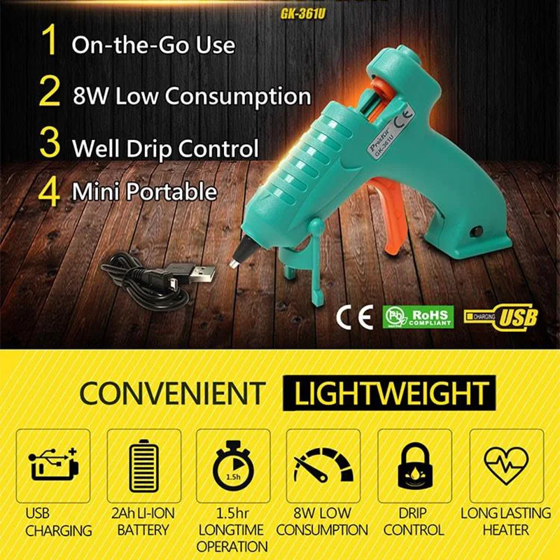 Pro'skit GK 361U 3 6 В литий ионный USB клеевой пистолет DIY термоплавкие клеевые палочки с