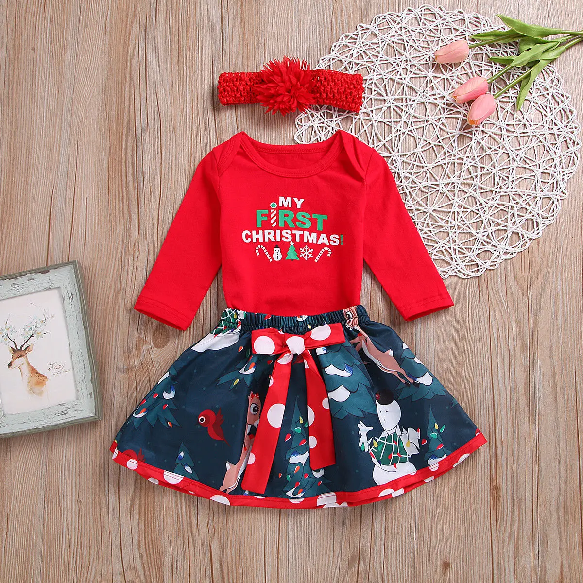 

Baby Girl Christmas Clothes Romper Tutu Dress Headband Outfit Xmas Set for Kids