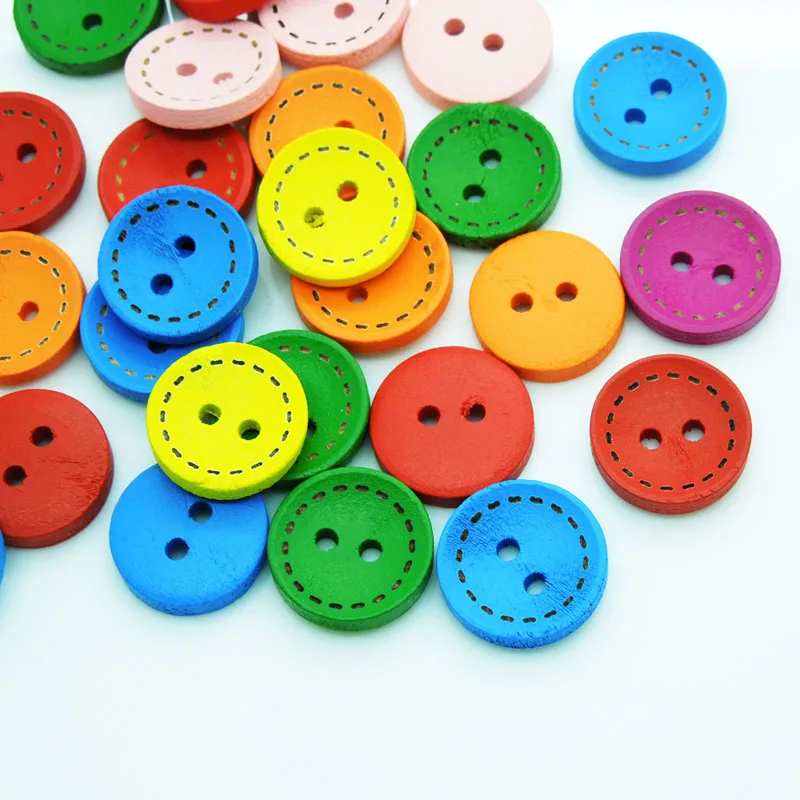 

100Pcs Random Mixed 2Holes Wood Sewing Buttons 15mm For Sew Scrapbook DIY Decor Crafts A00437