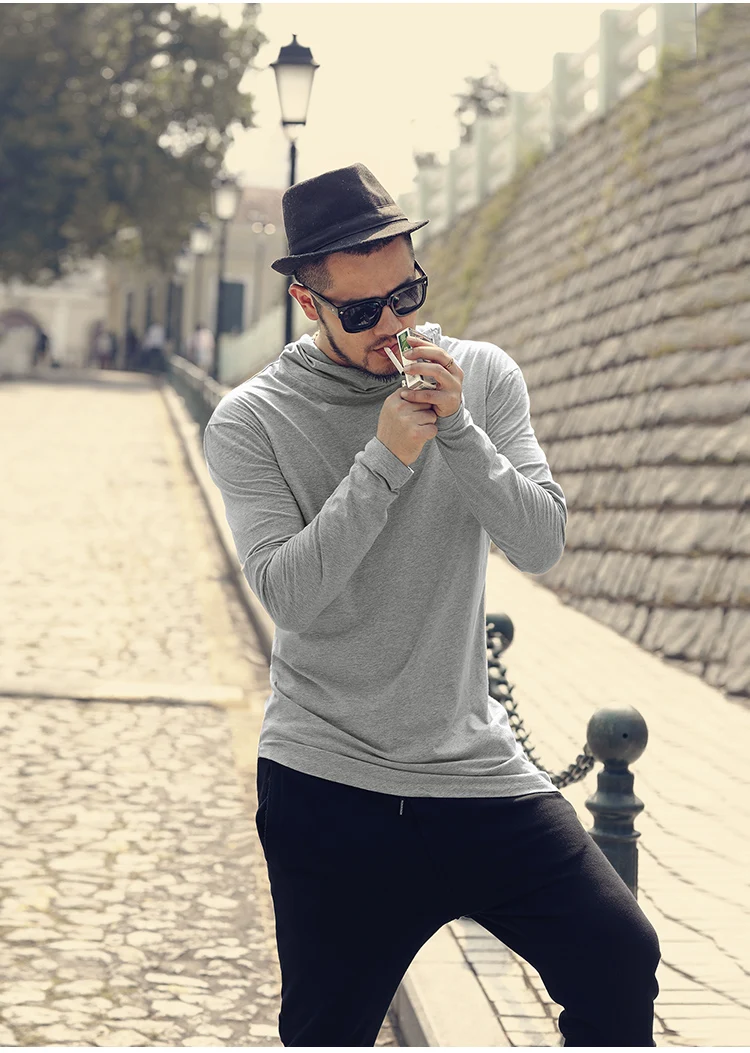 Men Autumn New European Style High Collar Long Sleeve Hooded T-shirt with Cap Men Slim Casual Cotton Irregular T-shirt T908 HTB13mP5XtzvK1RkSnfoq6zMwVXaO - Men Autumn New European Style High Collar Long Sleeve Hooded T-shirt with Cap Men Slim Casual Cotton Irregular T-shirt T908