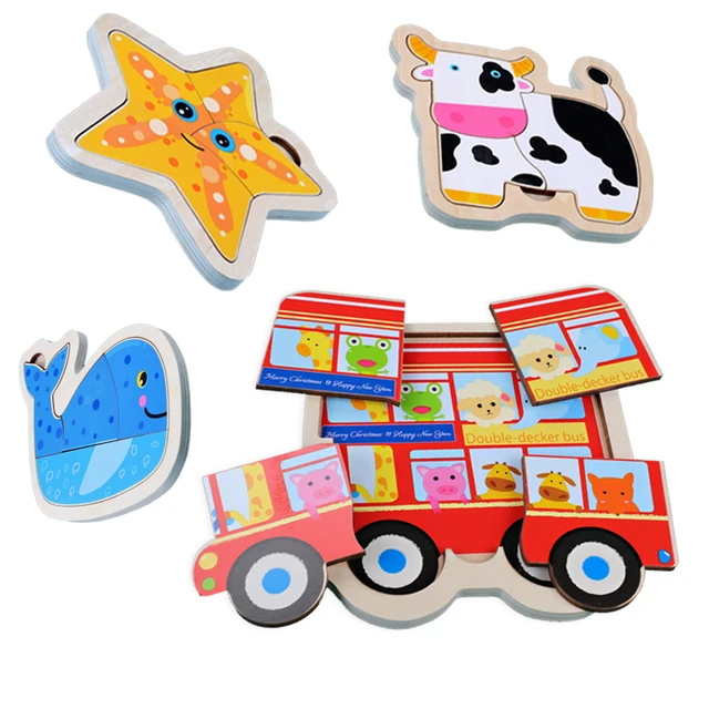 Wooden Baby Toy 3D Puzzles Jigsaw Board Colorful Animals Vehicles Fruts Cartoon Shapes Puzzle Toy for Children Baby Boys Girls 4