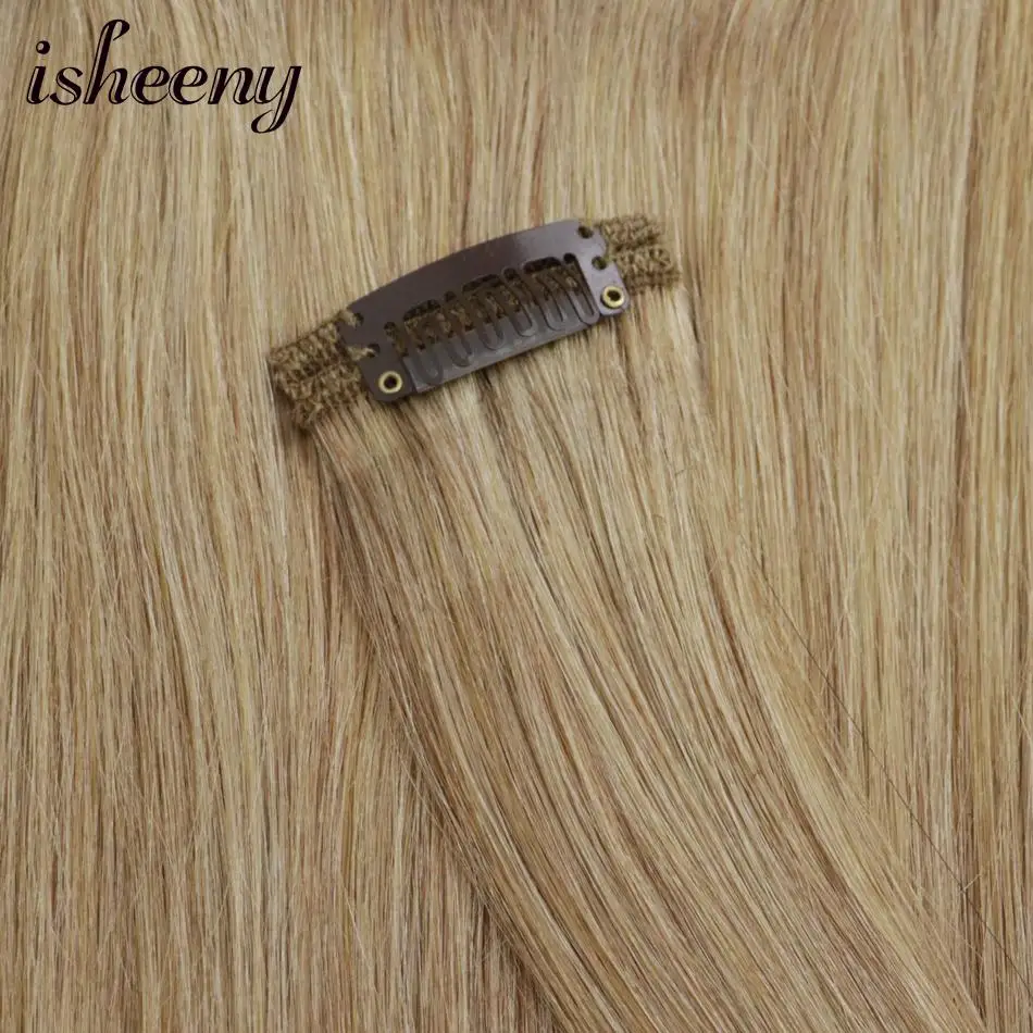 Isheeny Remy Clip in Human Hair Extensions Dark Blonde Color 27# Thick Double Weft Brazilian Hair Clip ins Full Head Set