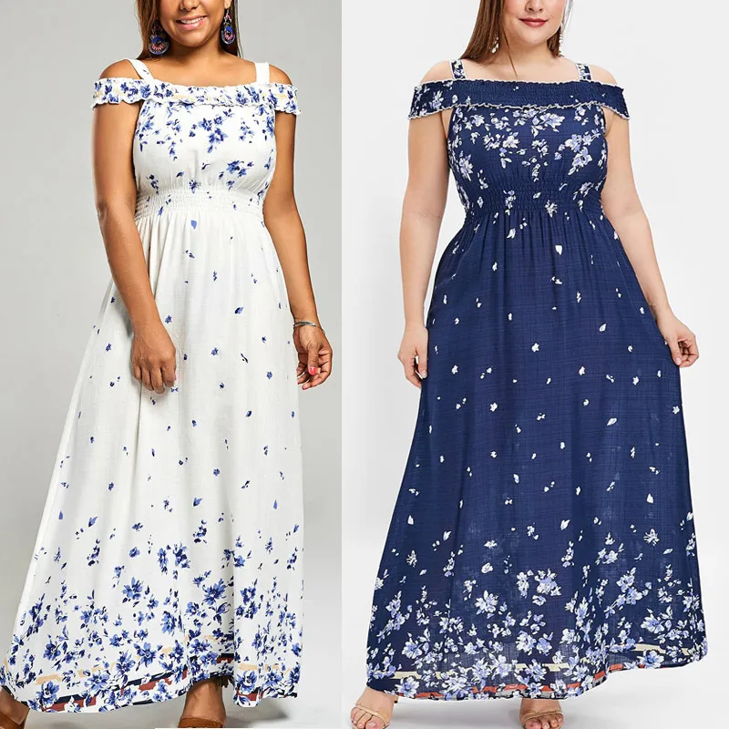 

Women Plus Size Casual Off Shoulder Boho Floral Print Long Maxi Chiffon Dress for Summer IK88