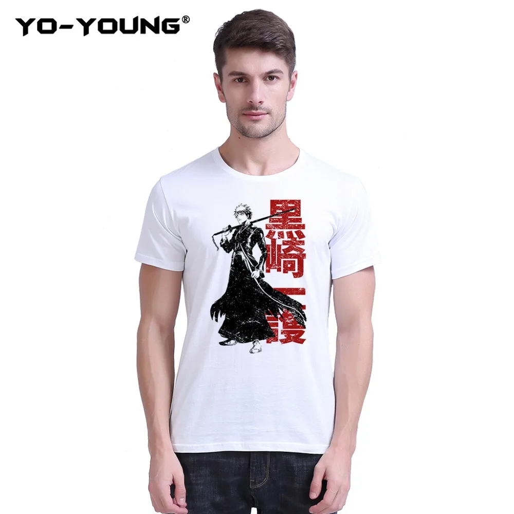 Yo-Young Men футболки Аниме BLEACH Kurosaki Ichigo принт 100% 180 gsm чесаный хлопок повседневные