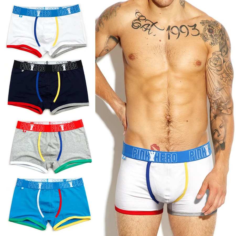 

4pcs/lot Pack Pink Hero Brand Men's Boxer Male Underwear Cotton Cueca Patchwork Fashion Boxershort Pouch U Man Shorts Wholesale