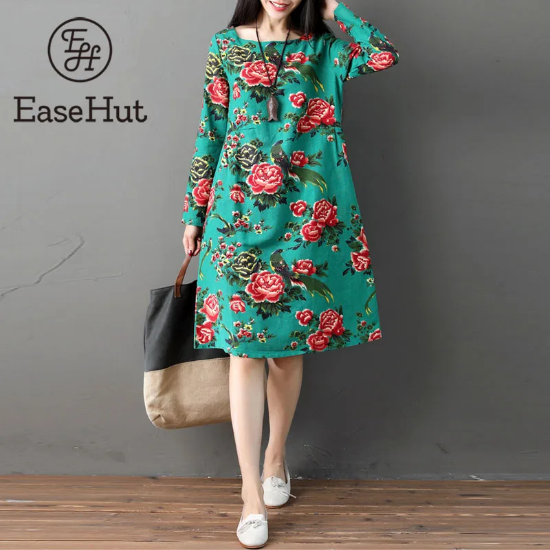 

EaseHut Women Spring Autumn Dress 2019 Loose Long Sleeve O Neck Floral Print Pockets Dresses Robe Vestido De Festa Plus Size XXL