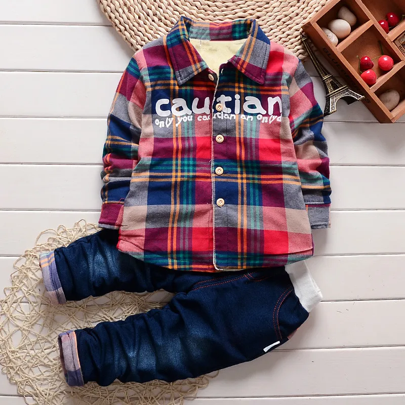 

2017 New Toddler Children's Clothing Thicken Sets Velvet Plaid Shirt+Jeans Winter Baby Boys Warm Cotton Clothes Suits For Kids