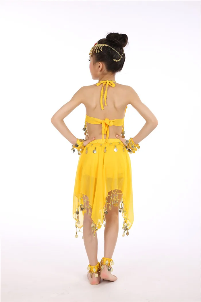 Болливудские танцевальные костюмы для девочек, детский индийский костюм для танца живота, комплект из 6 предметов(топ+ юбка+ головной убор+ вуаль+ цепочка на руку+ ножной браслет