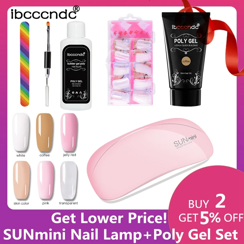 

Polygel Set 6W Sunmini UV LED Lamp Extension Varnish Nail Dryer Treatment UV Gel Polish Slip Solution Poly Gel Kit Manicure Set