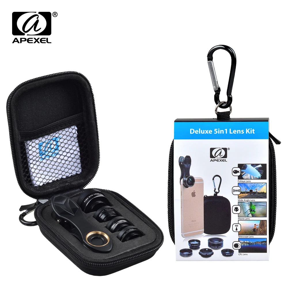 Apexel 5 in 1 HD Camera Lens Kit Fisheye Lens+0.63x Wide Angle+15x Macro Lens+2X Telephoto Lens+CPL Lens for iPhone Samsung DG5 Apexel 5 in 1 HD Camera Lens Kit Fisheye Lens+0.63x Wide Angle+15x Macro Lens+2X Telephoto Lens+CPL Lens for iPhone Samsung DG5
