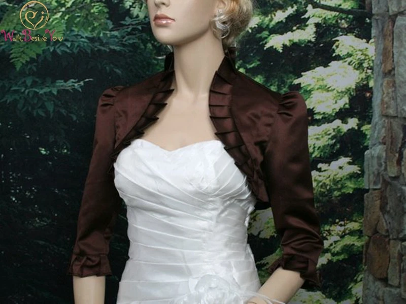 

Brown Wedding Jackets Ruffle Adult Custom Made Sizes and Color 2019 New Three Quarter Sleeves Wedding Jackets