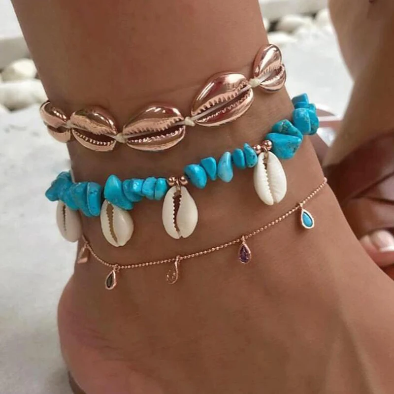 

Tocona 3pcs/sets Bohemian Anklets for Women Summer Beach Shell Pendant Wtar Drop Crystal Fashion Feet Jewelry Accessories 7073