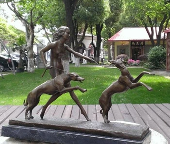 

Art Deco Sculpture A Woman Holding Two Dogs Bronze Statue