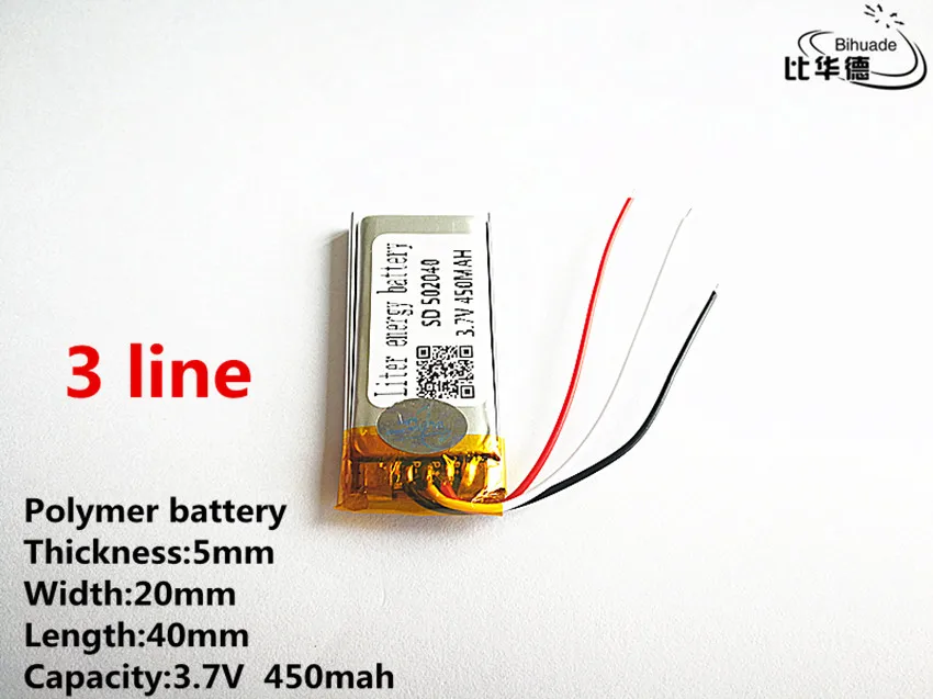 3 линии хорошего качества 3,7 V, 450 mAH, 502040 полимерный литий-ионный/литий-ионная аккумуляторная батарея для игрушка, портативное зарядное устройство, gps, mp3, mp4