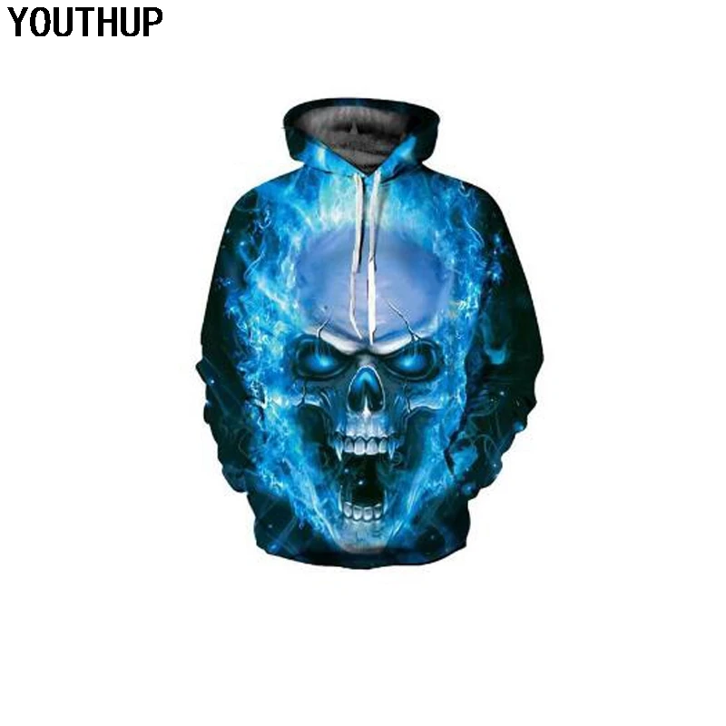 YOUTHUP Fire Skull Hoodies For Men Monster 3d Print Hooded Sweatshirt