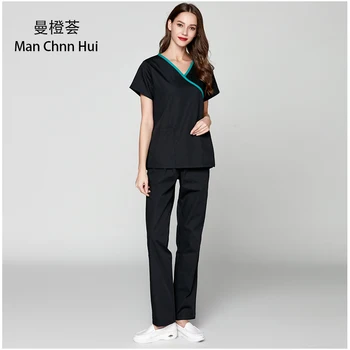 

Medical Clothes Scrub suits Doctors Nurses Short Sleeve Uniforms Dentistry Oral Clinic Pet Doctor Workwear Overall New black