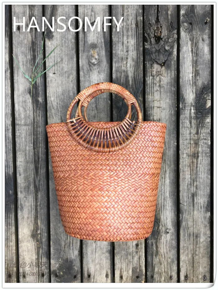 

HANSOMFY |Fashion Hand Woven Bucket Round Rattan Straw Bags Bohemia Style Beach Bag Summer Handbag