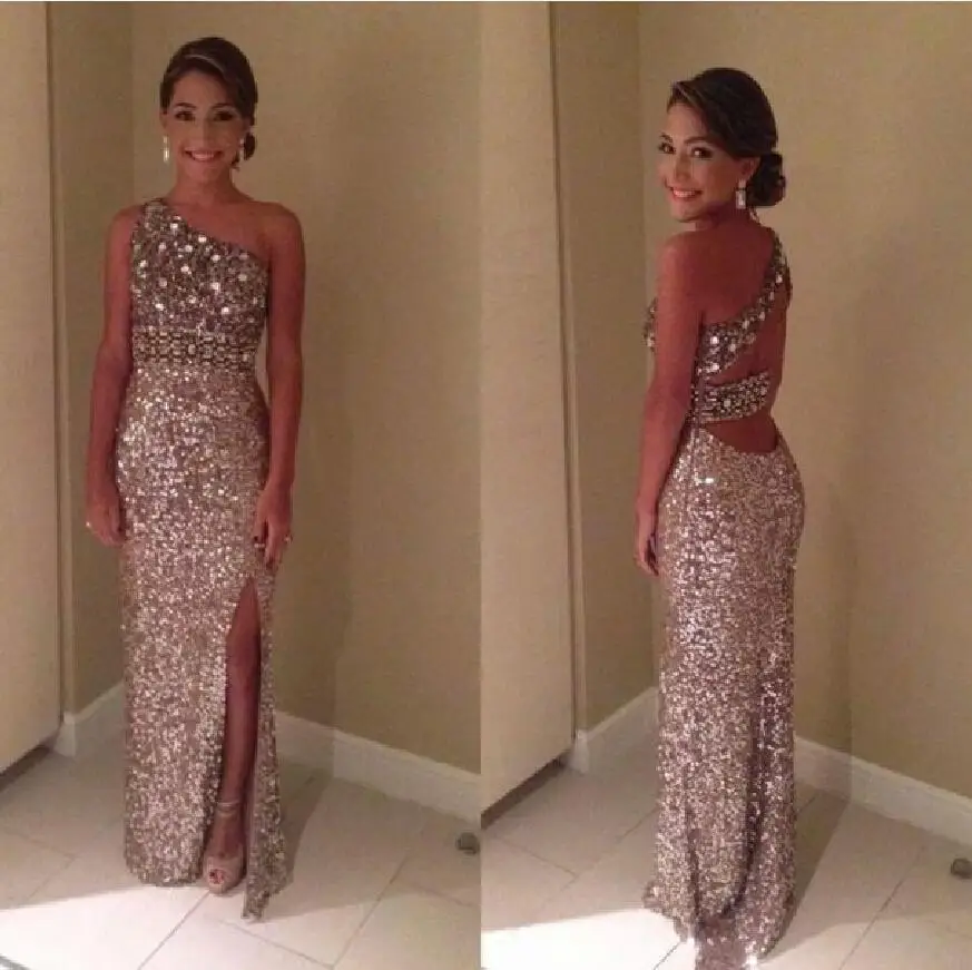 

Sparkly Glitter Long Evening gown Sequined One Shoulder Crystal Floor Length Backless Split Side 2018 Formal bridesmaid dresses
