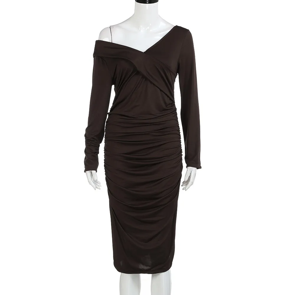 

FREE OSTRICH Womens Fall Winter Sexy Off Shoulder Dresses Ruched Work Party Sheath Dress Office Lady Evening Party Clothing