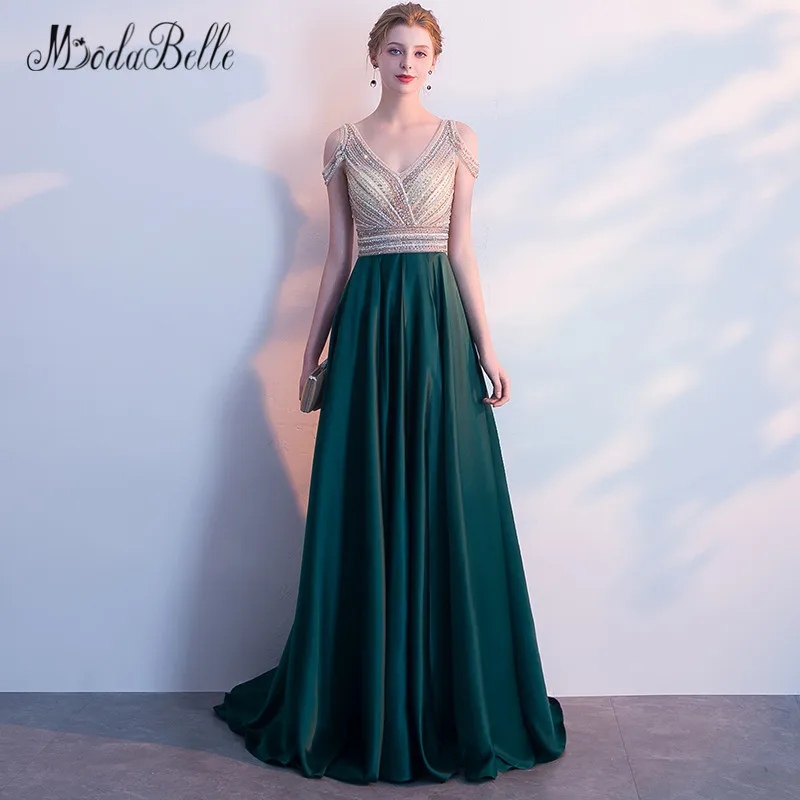 

modabelle 2018 Rhinestone Beaded Prom Dresses Dark Green Off The shoulder Galajurken Lang Sexy Open Back Elegant Evening Dress