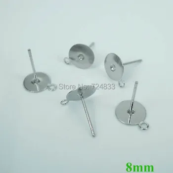 

8mm Blank Earrings Bases Settings Flat Circle pad Bezel w/ a Loop Pin Stud Earrings Post Crafts Findings Silver tone